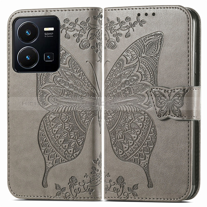 Coque Portefeuille Papillon Livre Cuir Etui Clapet pour Vivo Y35 4G Gris Plus