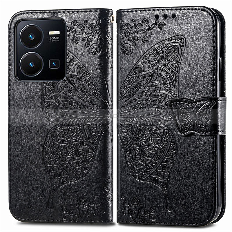 Coque Portefeuille Papillon Livre Cuir Etui Clapet pour Vivo Y35 4G Noir Plus