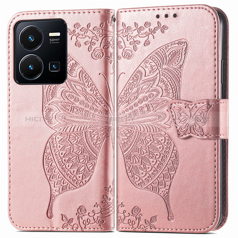 Coque Portefeuille Papillon Livre Cuir Etui Clapet pour Vivo Y35 4G Rose Plus