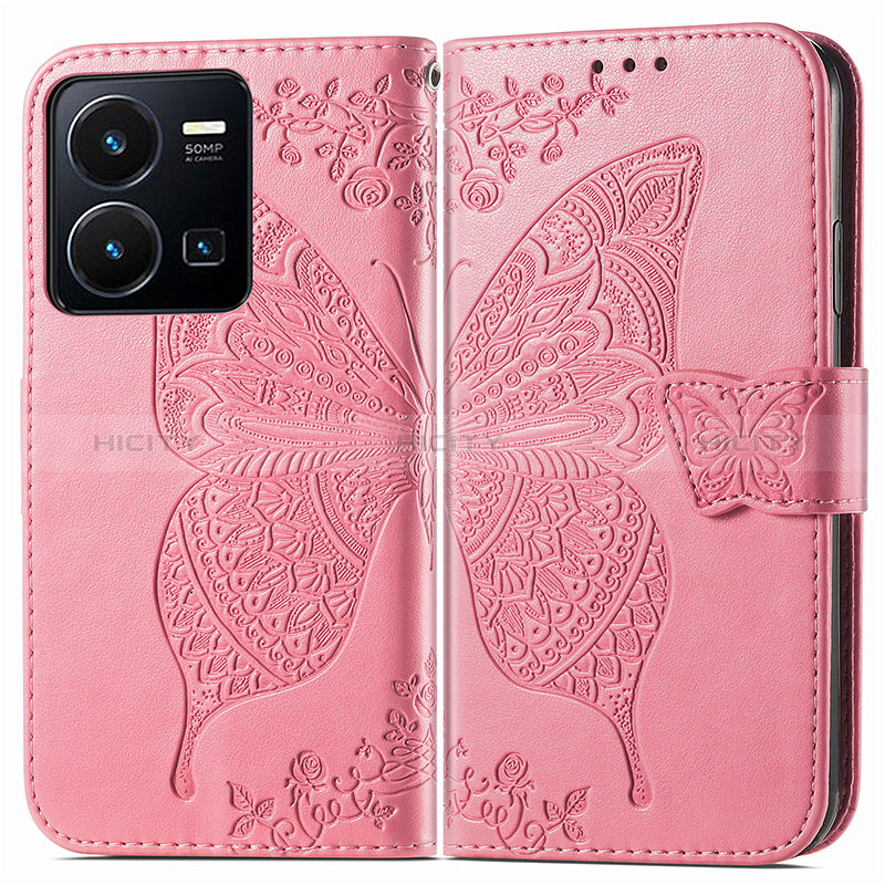 Coque Portefeuille Papillon Livre Cuir Etui Clapet pour Vivo Y35 4G Rose Rouge Plus