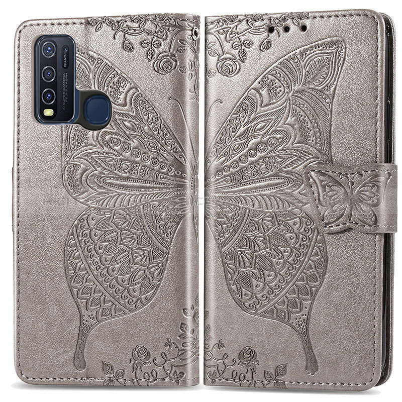 Coque Portefeuille Papillon Livre Cuir Etui Clapet pour Vivo Y50 Gris Plus