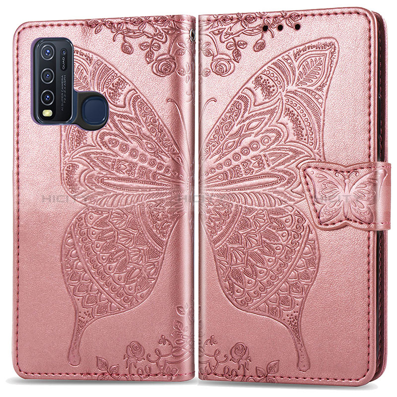 Coque Portefeuille Papillon Livre Cuir Etui Clapet pour Vivo Y50 Rose Plus