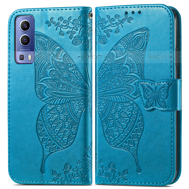 Coque Portefeuille Papillon Livre Cuir Etui Clapet pour Vivo Y52 5G Bleu Plus