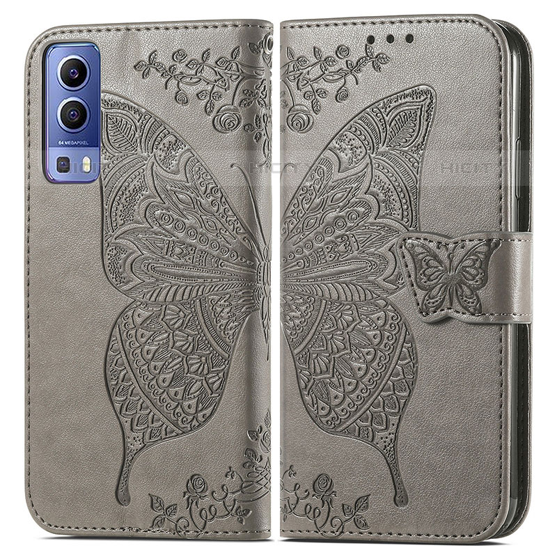 Coque Portefeuille Papillon Livre Cuir Etui Clapet pour Vivo Y52 5G Gris Plus