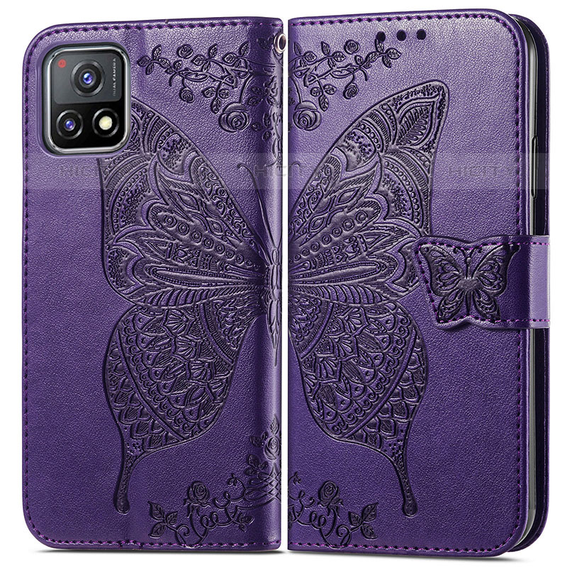 Coque Portefeuille Papillon Livre Cuir Etui Clapet pour Vivo Y54s 5G Violet Plus