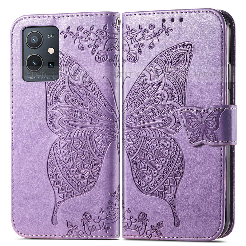 Coque Portefeuille Papillon Livre Cuir Etui Clapet pour Vivo Y55 5G Violet Clair Plus