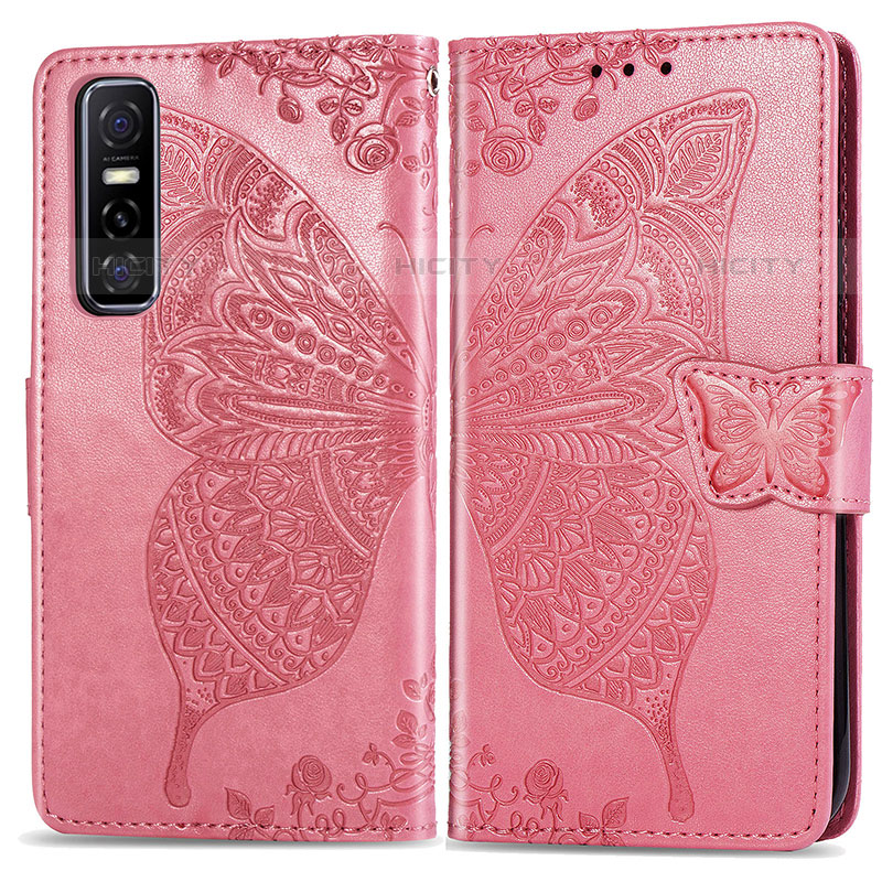 Coque Portefeuille Papillon Livre Cuir Etui Clapet pour Vivo Y73s 5G Rose Rouge Plus