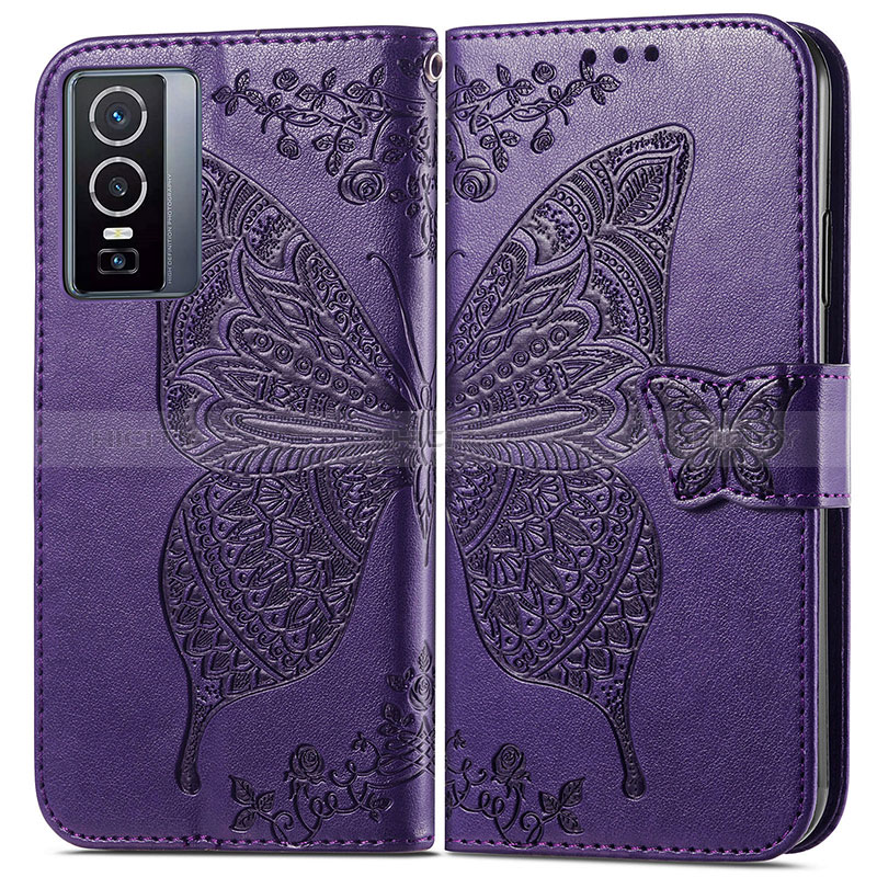 Coque Portefeuille Papillon Livre Cuir Etui Clapet pour Vivo Y76 5G Violet Plus