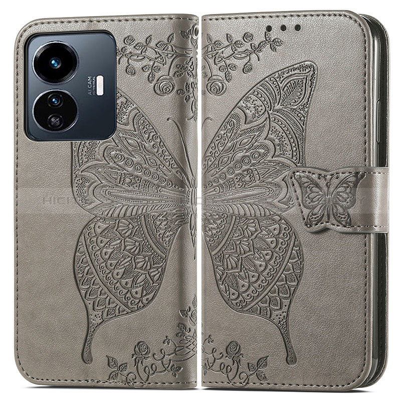 Coque Portefeuille Papillon Livre Cuir Etui Clapet pour Vivo Y77 5G Gris Plus