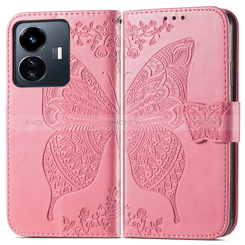 Coque Portefeuille Papillon Livre Cuir Etui Clapet pour Vivo Y77e 5G Rose Rouge Plus