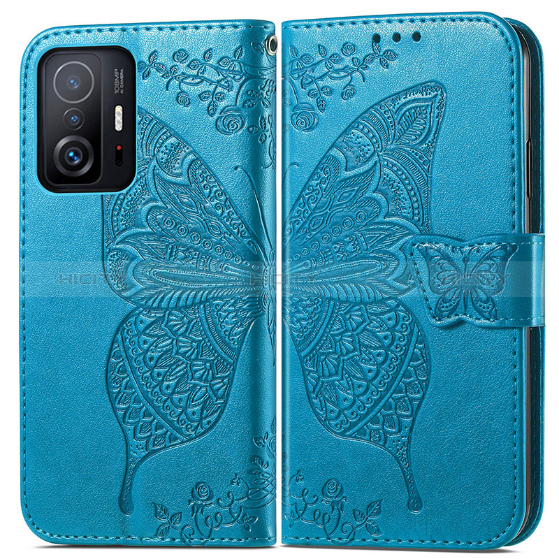 Coque Portefeuille Papillon Livre Cuir Etui Clapet pour Xiaomi Mi 11T 5G Bleu Plus