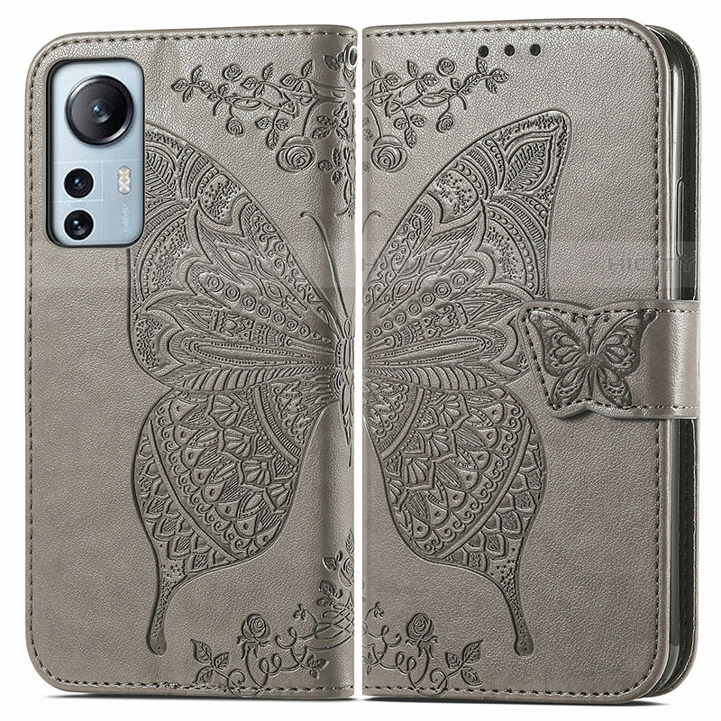 Coque Portefeuille Papillon Livre Cuir Etui Clapet pour Xiaomi Mi 12 Pro 5G Gris Plus