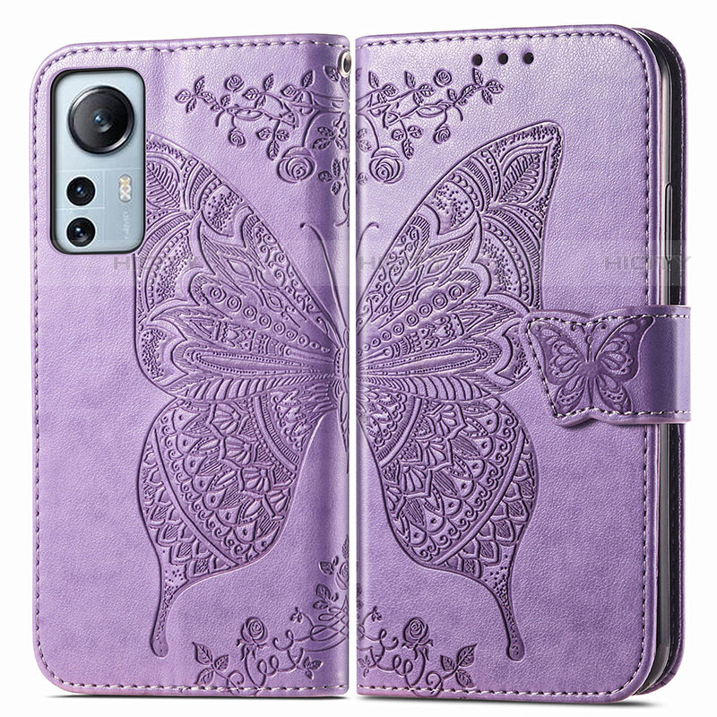 Coque Portefeuille Papillon Livre Cuir Etui Clapet pour Xiaomi Mi 12 Pro 5G Violet Clair Plus