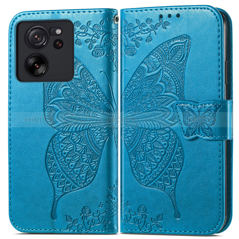 Coque Portefeuille Papillon Livre Cuir Etui Clapet pour Xiaomi Mi 13T 5G Bleu Plus