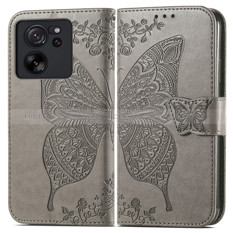 Coque Portefeuille Papillon Livre Cuir Etui Clapet pour Xiaomi Mi 13T 5G Gris Plus