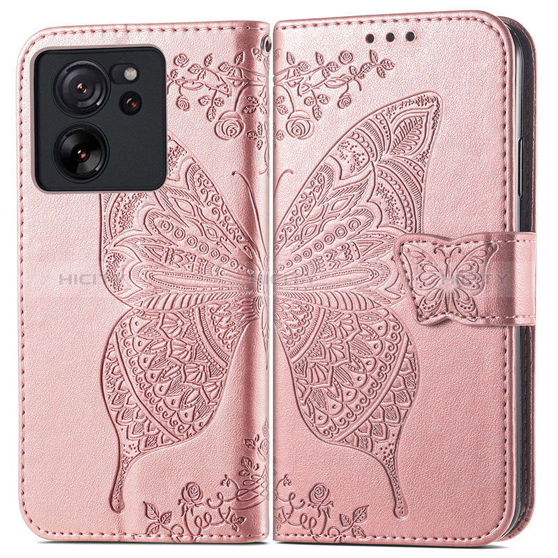 Coque Portefeuille Papillon Livre Cuir Etui Clapet pour Xiaomi Mi 13T 5G Or Rose Plus