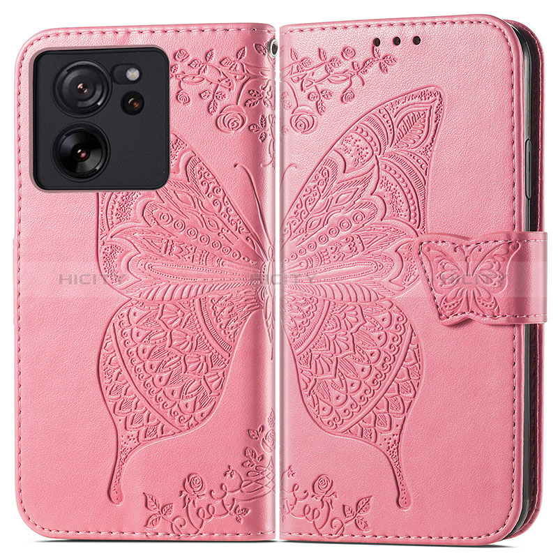 Coque Portefeuille Papillon Livre Cuir Etui Clapet pour Xiaomi Mi 13T 5G Rose Rouge Plus