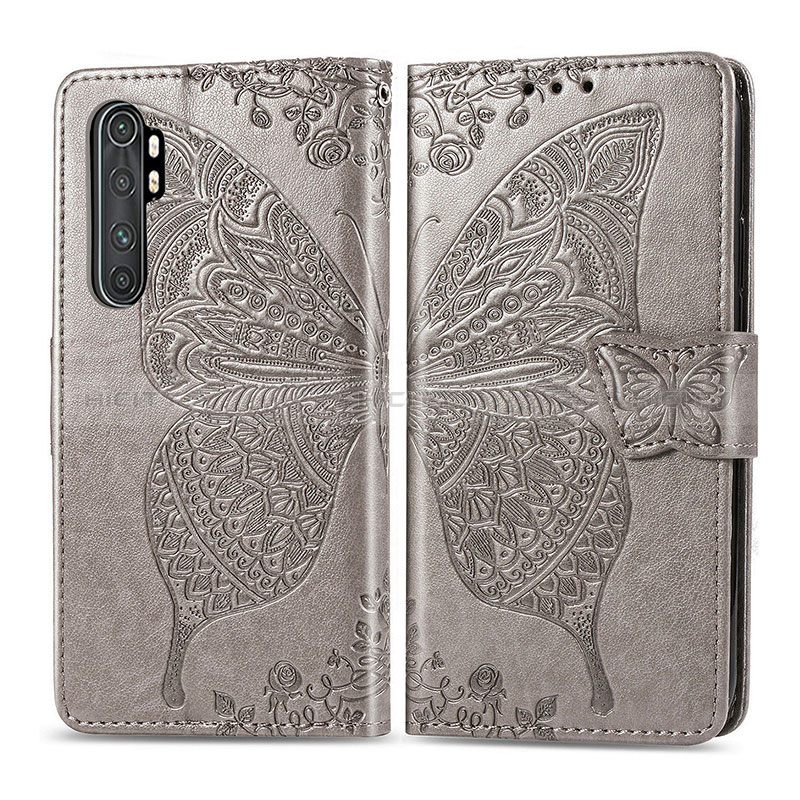 Coque Portefeuille Papillon Livre Cuir Etui Clapet pour Xiaomi Mi Note 10 Lite Gris Plus