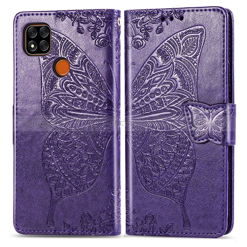 Coque Portefeuille Papillon Livre Cuir Etui Clapet pour Xiaomi POCO C3 Violet Plus