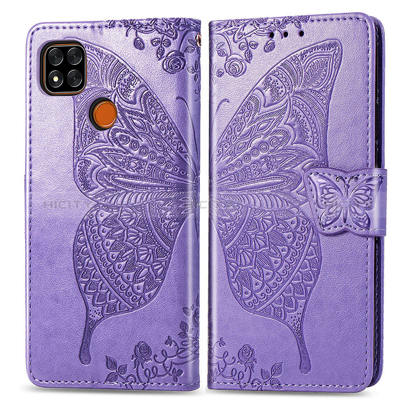 Coque Portefeuille Papillon Livre Cuir Etui Clapet pour Xiaomi POCO C3 Violet Clair Plus