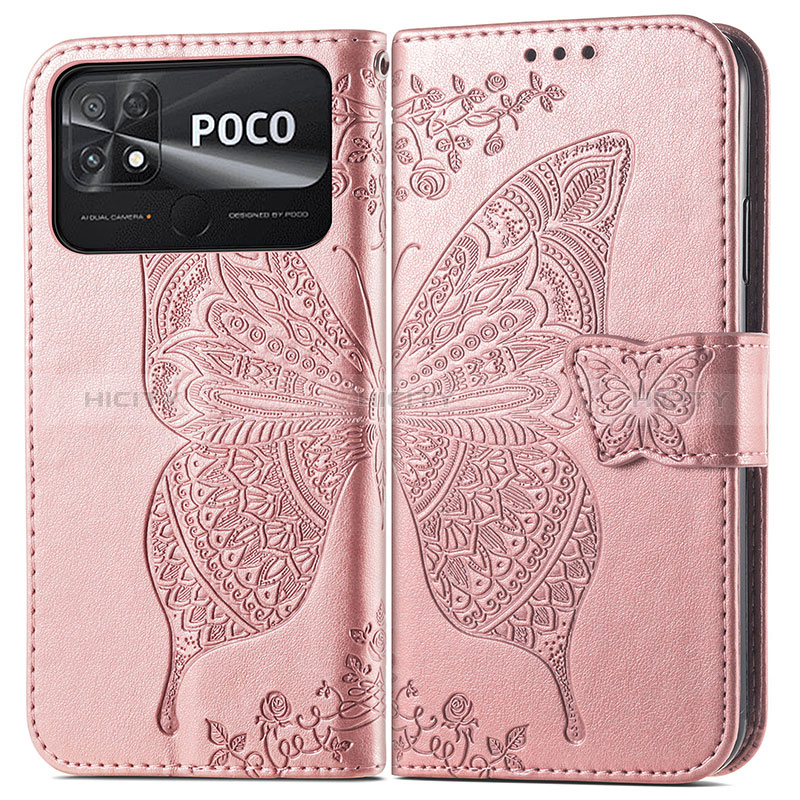 Coque Portefeuille Papillon Livre Cuir Etui Clapet pour Xiaomi Poco C40 Rose Plus