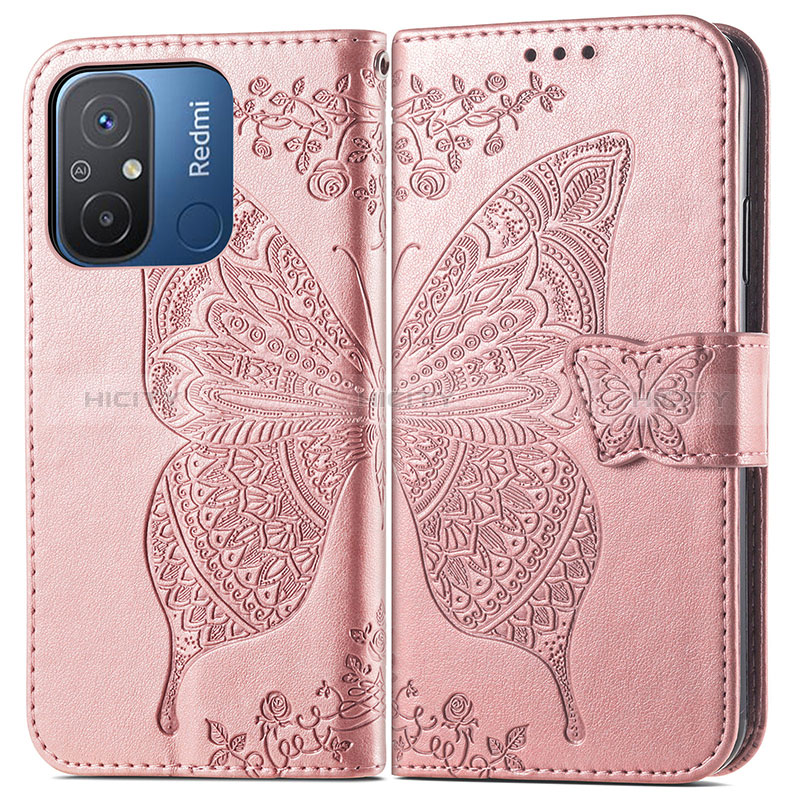 Coque Portefeuille Papillon Livre Cuir Etui Clapet pour Xiaomi Poco C55 Rose Plus