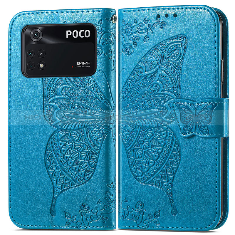 Coque Portefeuille Papillon Livre Cuir Etui Clapet pour Xiaomi Poco M4 Pro 4G Bleu Plus