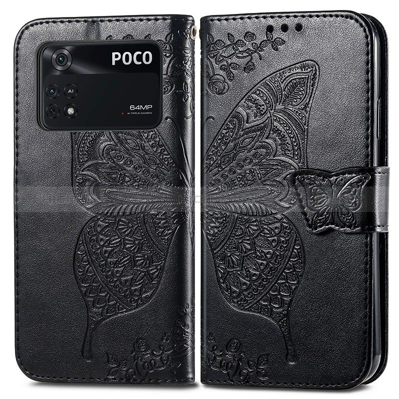 Coque Portefeuille Papillon Livre Cuir Etui Clapet pour Xiaomi Poco M4 Pro 4G Noir Plus