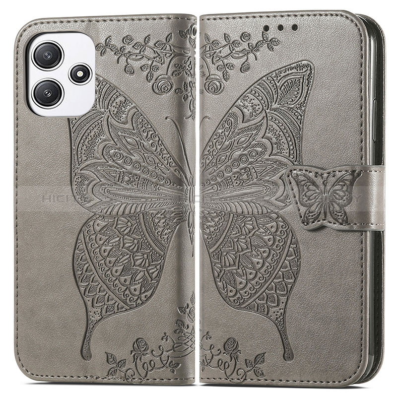 Coque Portefeuille Papillon Livre Cuir Etui Clapet pour Xiaomi Poco M6 Pro 5G Gris Plus