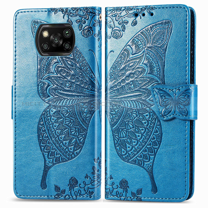 Coque Portefeuille Papillon Livre Cuir Etui Clapet pour Xiaomi Poco X3 NFC Bleu Plus