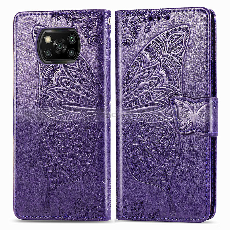 Coque Portefeuille Papillon Livre Cuir Etui Clapet pour Xiaomi Poco X3 NFC Violet Plus