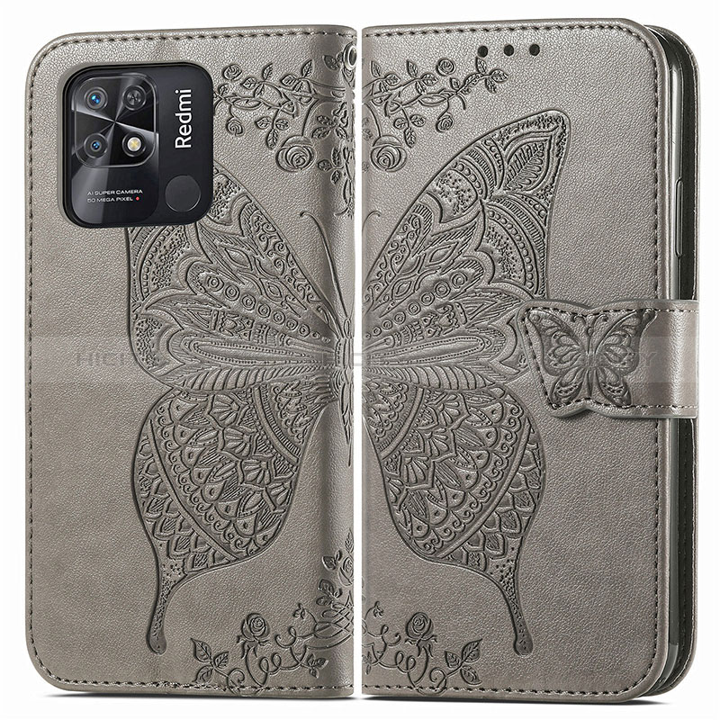 Coque Portefeuille Papillon Livre Cuir Etui Clapet pour Xiaomi Redmi 10 Power Gris Plus