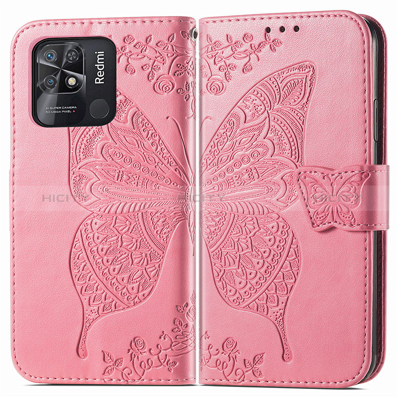 Coque Portefeuille Papillon Livre Cuir Etui Clapet pour Xiaomi Redmi 10 Power Rose Rouge Plus