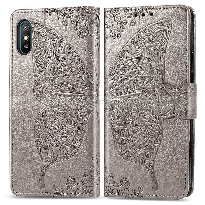 Coque Portefeuille Papillon Livre Cuir Etui Clapet pour Xiaomi Redmi 9A Gris Plus