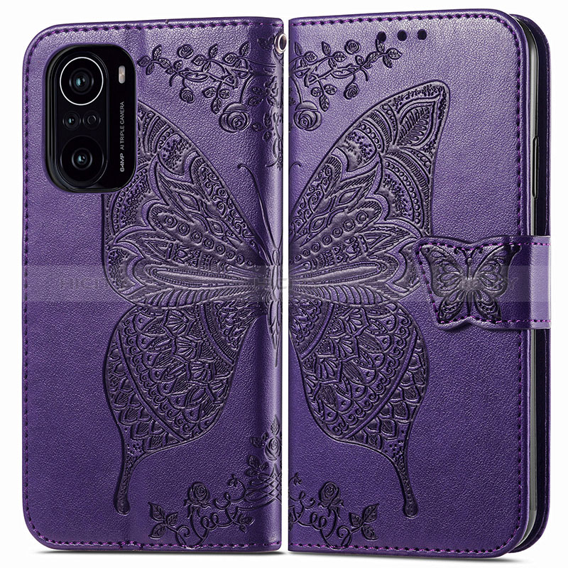 Coque Portefeuille Papillon Livre Cuir Etui Clapet pour Xiaomi Redmi K40 Pro 5G Violet Plus