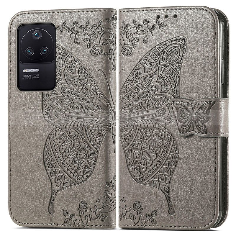 Coque Portefeuille Papillon Livre Cuir Etui Clapet pour Xiaomi Redmi K40S 5G Gris Plus