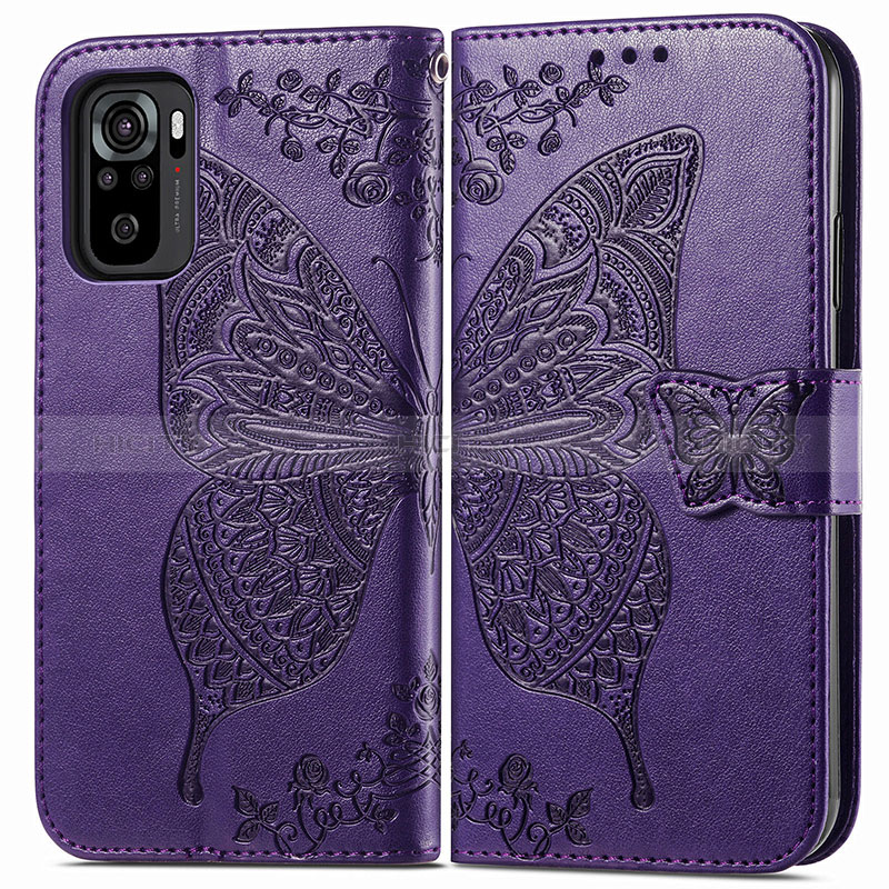 Coque Portefeuille Papillon Livre Cuir Etui Clapet pour Xiaomi Redmi Note 10 4G Violet Plus