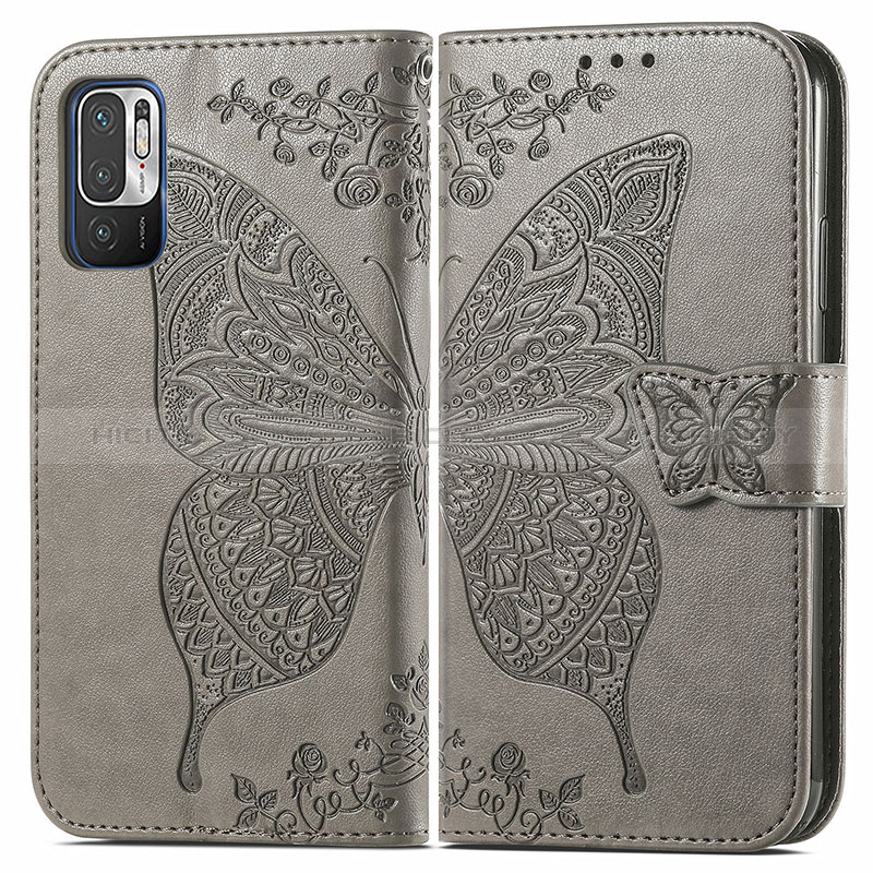 Coque Portefeuille Papillon Livre Cuir Etui Clapet pour Xiaomi Redmi Note 10T 5G Gris Plus