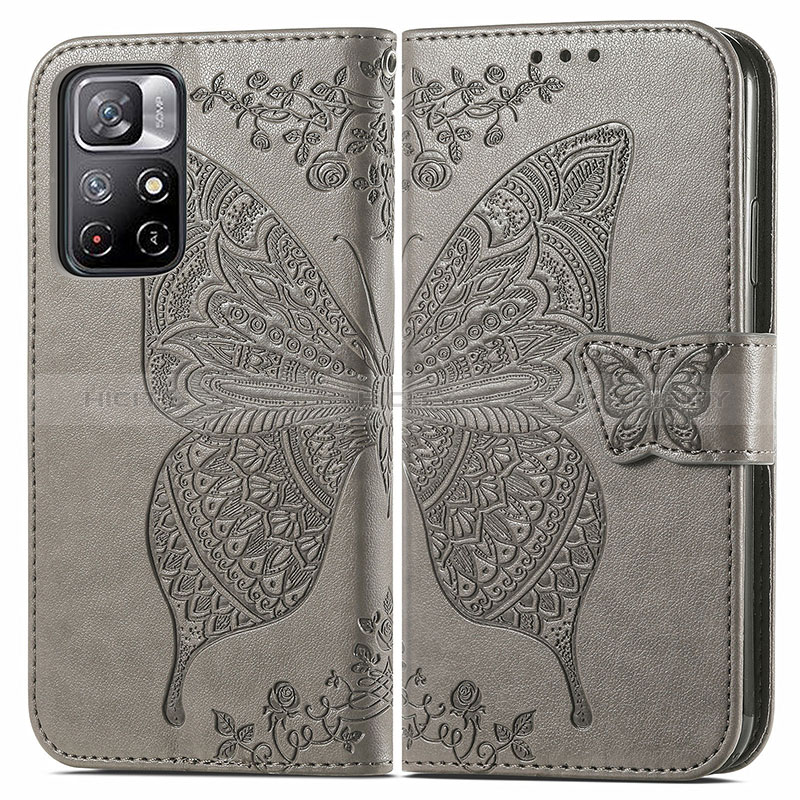 Coque Portefeuille Papillon Livre Cuir Etui Clapet pour Xiaomi Redmi Note 11 5G Gris Plus