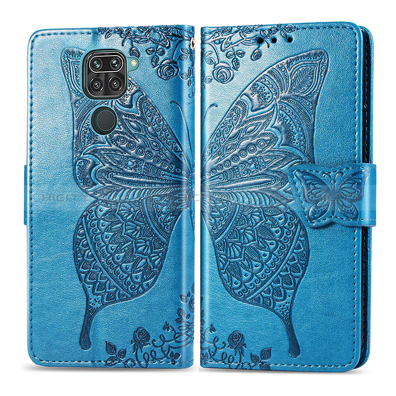 Coque Portefeuille Papillon Livre Cuir Etui Clapet pour Xiaomi Redmi Note 9 Bleu Plus