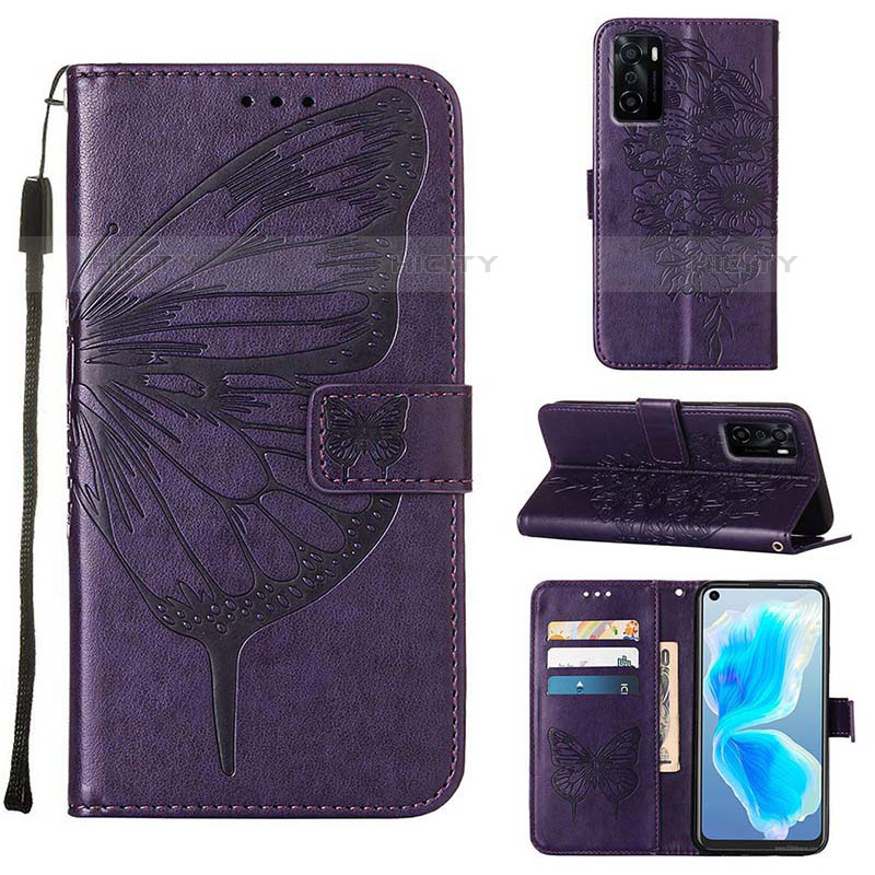 Coque Portefeuille Papillon Livre Cuir Etui Clapet Y01B pour Oppo A55S 5G Violet Plus