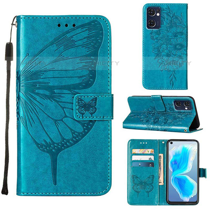 Coque Portefeuille Papillon Livre Cuir Etui Clapet Y01B pour Oppo Reno7 5G Bleu Plus