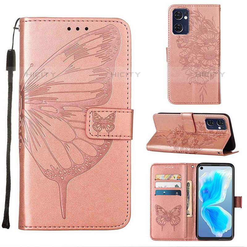 Coque Portefeuille Papillon Livre Cuir Etui Clapet Y01B pour Oppo Reno7 5G Or Rose Plus