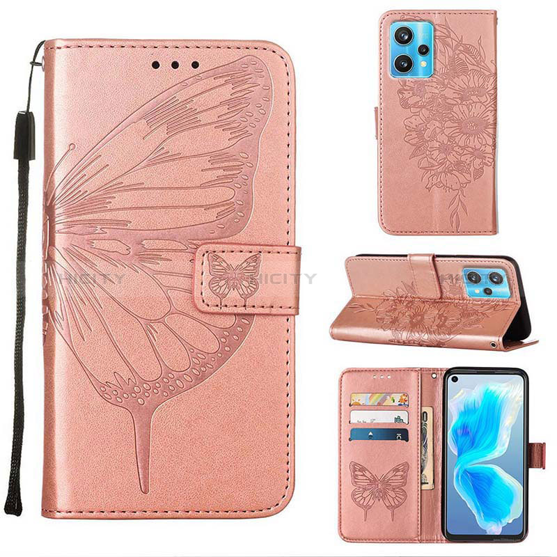 Coque Portefeuille Papillon Livre Cuir Etui Clapet Y01B pour Realme 9 4G Or Rose Plus