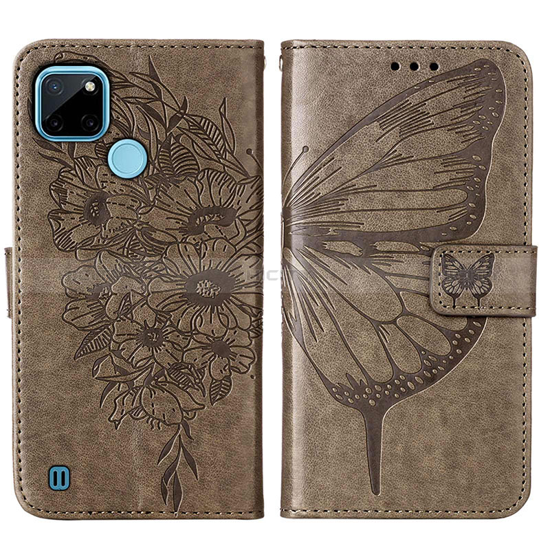 Coque Portefeuille Papillon Livre Cuir Etui Clapet Y01B pour Realme C25Y Gris Plus