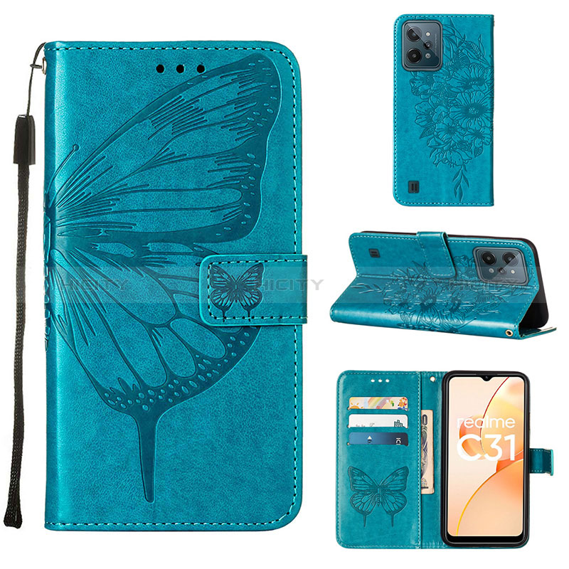 Coque Portefeuille Papillon Livre Cuir Etui Clapet Y01B pour Realme C31 Bleu Plus