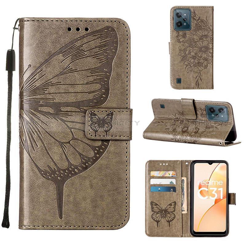 Coque Portefeuille Papillon Livre Cuir Etui Clapet Y01B pour Realme C31 Gris Plus