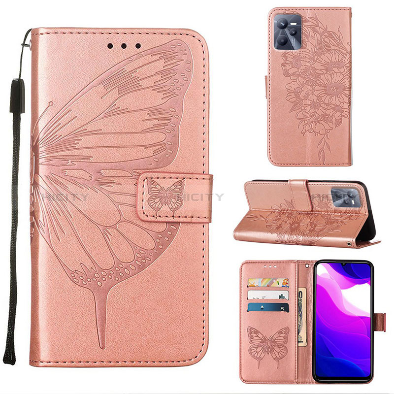 Coque Portefeuille Papillon Livre Cuir Etui Clapet Y01B pour Realme C35 Or Rose Plus