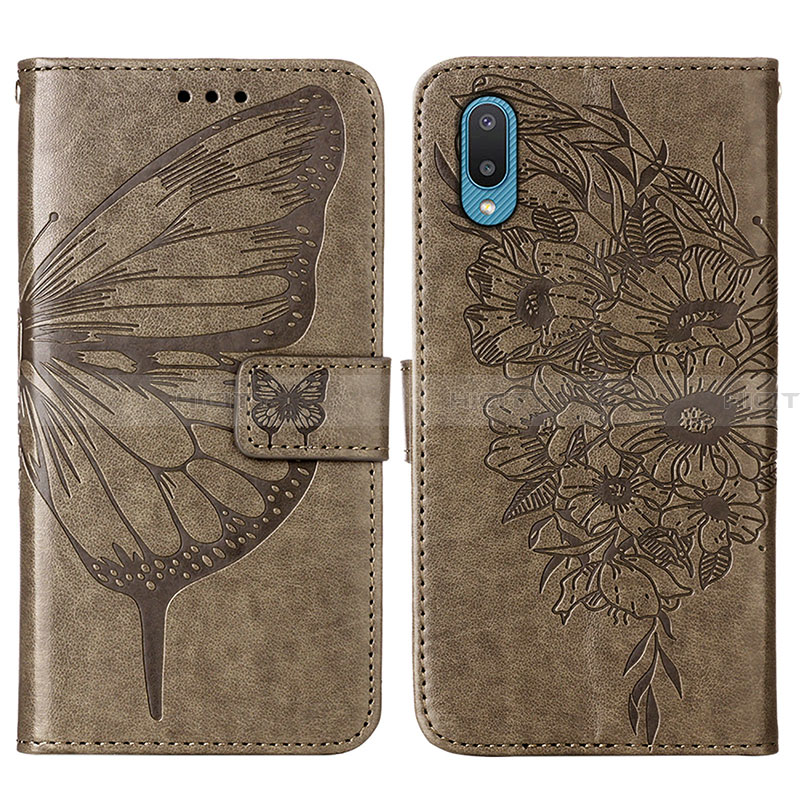 Coque Portefeuille Papillon Livre Cuir Etui Clapet Y01B pour Samsung Galaxy A02 Gris Plus