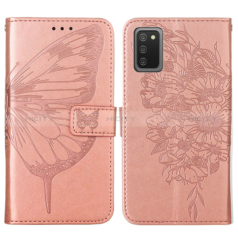 Coque Portefeuille Papillon Livre Cuir Etui Clapet Y01B pour Samsung Galaxy A02s Or Rose Plus